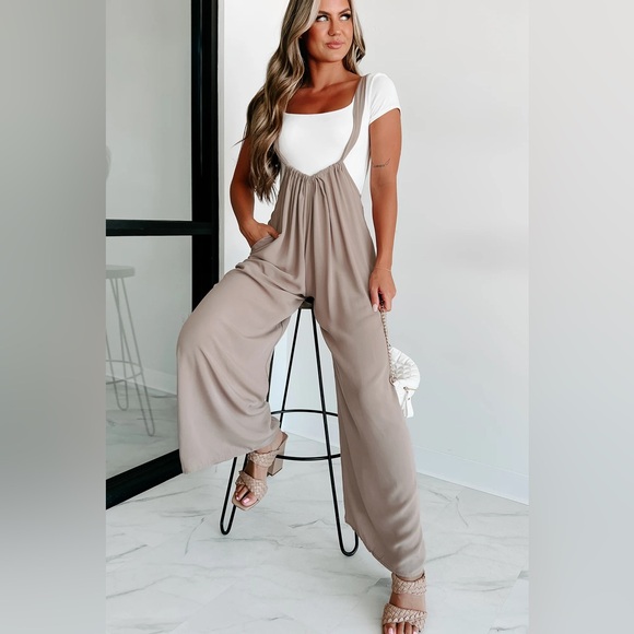 Zenana Pants - ZENANA Woven Tie Back Suspender Jumpsuit Cream/Tan Size S & M